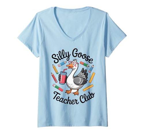 Damen Silly Goose Lehrerclub T-Shirt mit V-Ausschnitt Damen Silly Goose Lehrerclub T-Shirt mit V-Ausschnitt von Back To School Teachers