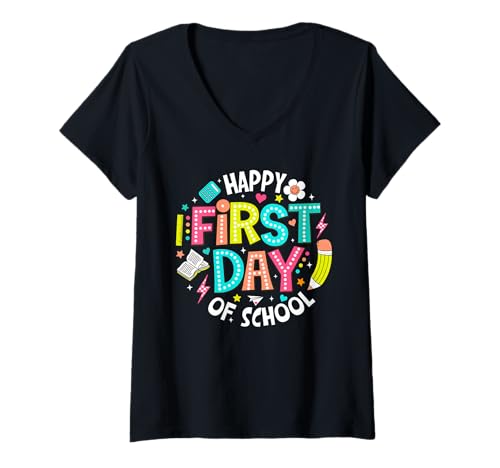 Damen Fröhlicher erster Schultag, Spaß beim Schulanfang, Design für Lehrer T-Shirt mit V-Ausschnitt von Back To School Tee