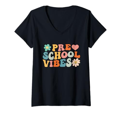 Damen Preschool Vibes - Vorschulteam Retro 1. Schultag T-Shirt mit V-Ausschnitt Damen Preschool Vibes - Vorschulteam Retro 1. Schultag T-Shirt mit V-Ausschnitt von Back To School Vibes Teacher Student Apparels