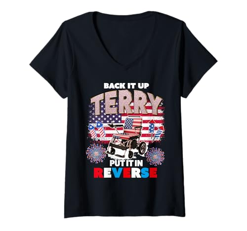 Damen Lustig, Back-Up-Frottee, legen Sie es in umgekehrtes Feuerwerk 4. Juli T-Shirt mit V-Ausschnitt von Back it Up Terry Wheelchair 4th of July