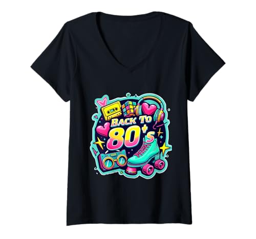 Damen Back To 80er Jahre 1980er Vintage Style 80er Retro Party Kostüm T-Shirt mit V-Ausschnitt von Back to 80's Retro 1980s Vintage Party Outfit tees