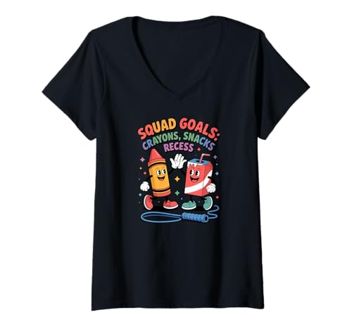 Damen Squad Goals Buntstifte Snacks Recess Lustige Kinder T-Shirt mit V-Ausschnitt von Back to School Apparel Gifts by Anastasia