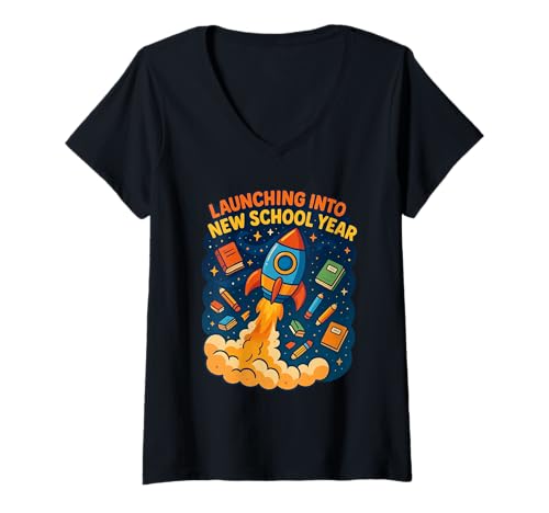 Damen Start des neuen Schuljahres Rocket Fun Student Space Galaxy T-Shirt mit V-Ausschnitt Damen Start des neuen Schuljahres Rocket Fun Student Space Galaxy T-Shirt mit V-Ausschnitt von Back to School Blast Learning Pencil Book Rocket