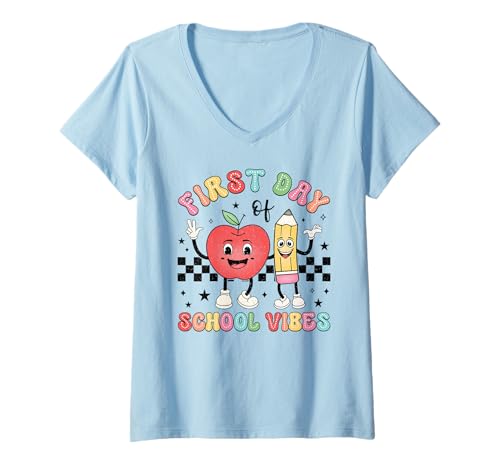 Damen Niedlicher Apfel & Bleistift erster Schultag Vibes Happy Cartoon T-Shirt mit V-Ausschnitt von Back to School Cartoon Kids Vibes Shirt Co.