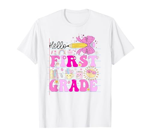 Hallo Erste Klasse für Mädchen 1. Klasse für den Schulanfang T-Shirt von Back to School Coquette Cute Pencil Bow for girls
