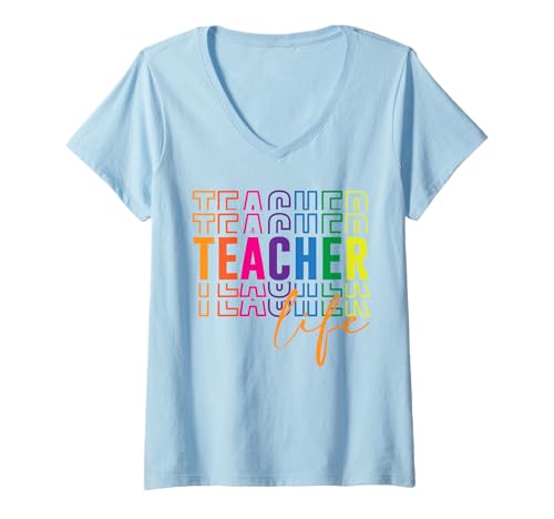 Damen Buntes Retro-Lehrer-Schwimmshirt für Frauen und Pädagogen T-Shirt mit V-Ausschnitt von Back to School Cute Aesthetic Teacher Outfit Tee