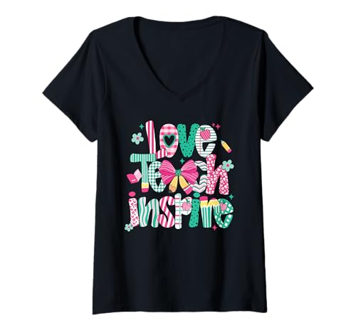 Damen Love Teach Inspire Süßes Lehrerhemd mit Schleife und Apfelkunst T-Shirt mit V-Ausschnitt von Back to School Cute Aesthetic Teacher Outfit Tee