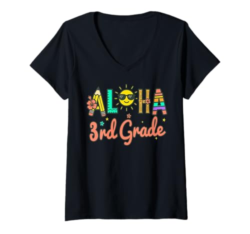 Damen Aloha Lehrerin der dritten Klasse kehrt zum ersten Schultag zurück T-Shirt mit V-Ausschnitt Damen Aloha Lehrerin der dritten Klasse kehrt zum ersten Schultag zurück T-Shirt mit V-Ausschnitt von Back to School Designs by K