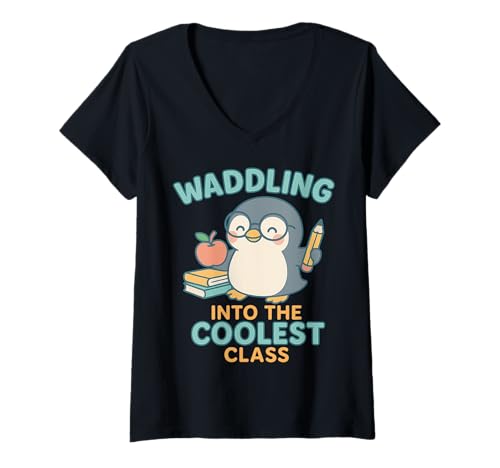 Damen Lehrer Schulanfang Back to Funny Pinguin Cute T-Shirt mit V-Ausschnitt von Back to School Designs by K