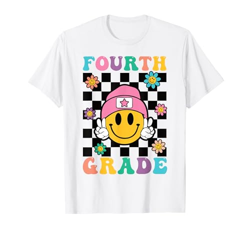 Retro vierte Klasse Mädchen Happy Face Peace Back to School Cute T-Shirt von Back to School Groovy Happy Face Apparel