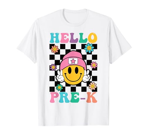 Süßes Hello Pre-K Happy Face Peace Zeichen Back to School Girl T-Shirt von Back to School Groovy Happy Face Apparel