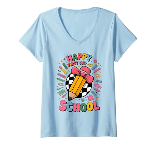 Damen Lustiger Happy First Day of School Kids Back to School Fun T-Shirt mit V-Ausschnitt Damen Lustiger Happy First Day of School Kids Back to School Fun T-Shirt mit V-Ausschnitt von Back to School Pencil Art Kids Fun