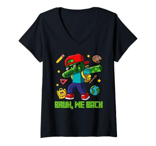 Damen Bruh We Back - Pixel - Zombie Zurück zur Schule - Grafik T-Shirt mit V-Ausschnitt von Back to School - Pixel - Bruh We Back