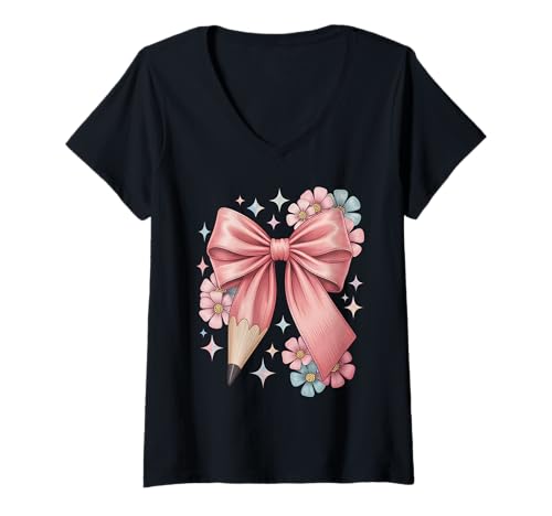 Damen Niedliche Kokette Schleife Bleistift Floral Kindergarten Lehrer T-Shirt mit V-Ausschnitt Damen Niedliche Kokette Schleife Bleistift Floral Kindergarten Lehrer T-Shirt mit V-Ausschnitt von Back to School Teacher Coquette Bow Style