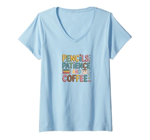 Damen Bleistifte Geduld und Kaffee Shirt - Lustiges Schulanfang T-Shirt mit V-Ausschnitt von Back to School Teacher Shirt for Classroom Style