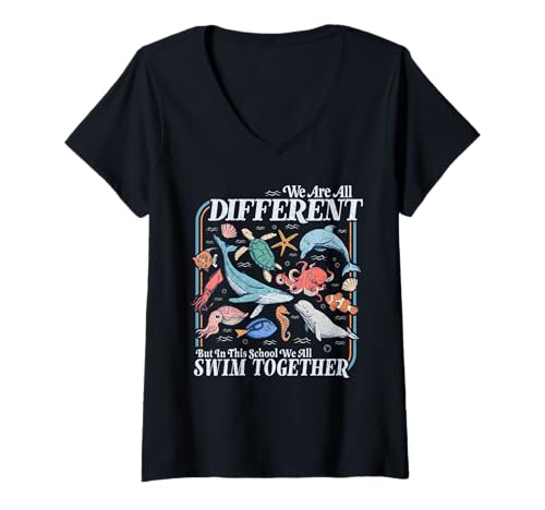 Damen Wir sind alle Verschiedene Schwimmlehrer Zurück zur Schule T-Shirt mit V-Ausschnitt Damen Wir sind alle Verschiedene Schwimmlehrer Zurück zur Schule T-Shirt mit V-Ausschnitt von Back to School Teacher Vibes