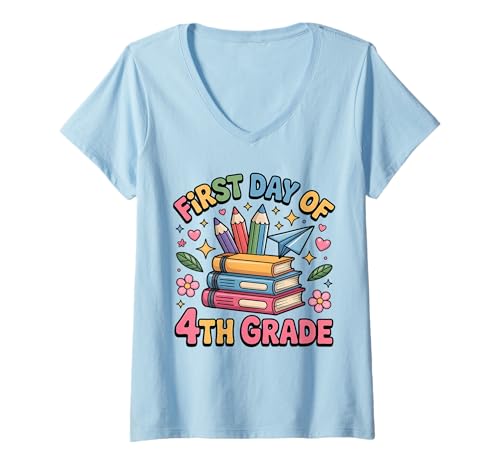Damen Erster Tag der 4. Klasse - Back to School Design T-Shirt mit V-Ausschnitt von Back to School Vibes Co.