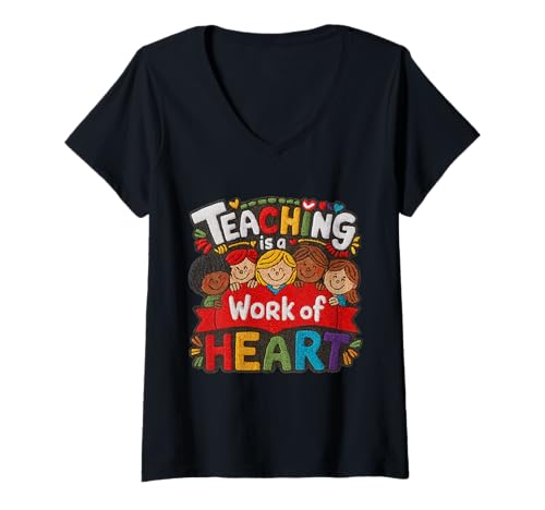 Damen Stickstil: Lehren ist EIN Werk von Heart Teacher 2025 T-Shirt mit V-Ausschnitt von Back to school 2025 : Kids Teacher Apparel
