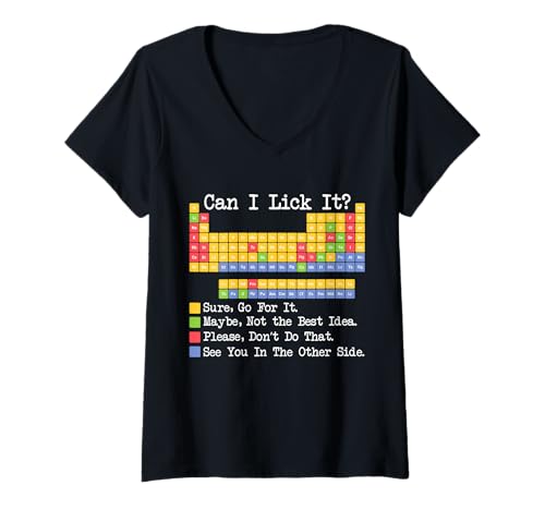 Damen Can I Lick It Periodensystem Lustig Wissenschaft Lehrer Student T-Shirt mit V-Ausschnitt von Back to school Chemistry & Biology Teacher Designs