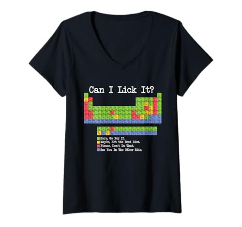 Damen Can I Lick It Periodensystem Chemie Lehrer & Student Gag T-Shirt mit V-Ausschnitt von Back to school Science & Biology Teacher Graphics