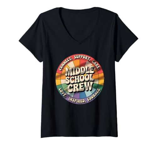 Damen Mittelschule Crew Positivity Circle Retro Typografie T-Shirt mit V-Ausschnitt von Back to school teacher student gift