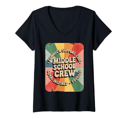 Damen Mittelschule Crew Regenbogen Positivity Circle Retro Style T-Shirt mit V-Ausschnitt Damen Mittelschule Crew Regenbogen Positivity Circle Retro Style T-Shirt mit V-Ausschnitt von Back to school teacher student gift