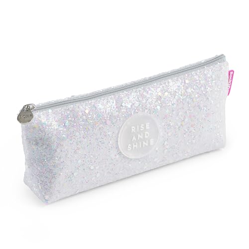 Back2Fun - Dreieckiges Glitzer-Federmäppchen, Einzelfach-Etui, Größe 200 x 80 x 35 mm, Glitzer-Federmäppchen, Metall-Zipper, Reißverschluss, Hübsche Papeterie, Weiß von Back2Fun