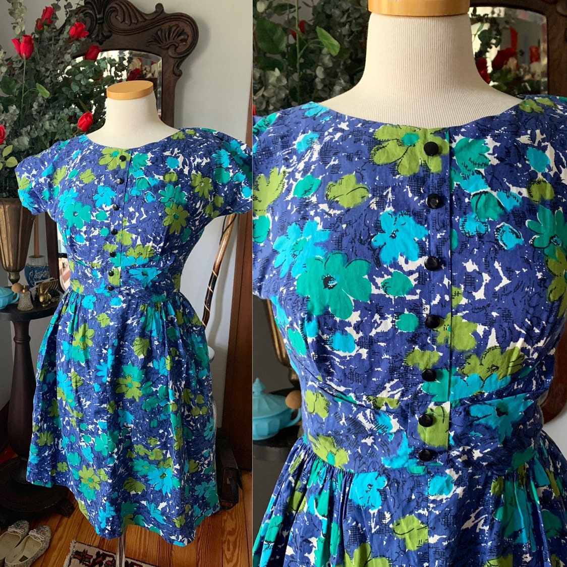 50Er Jahre Sommerkleid, Vintage Frühling Kleid, Größe Medium Fit Und Flare Aquarell Baumwolle Tag Kleid von BackToCamelotVintage