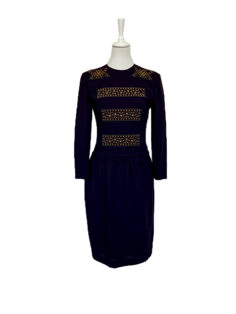 Designer Louis Féraud Kleid Wolle Nieten Blau Kupfer Vintage von BackToFutureFashion