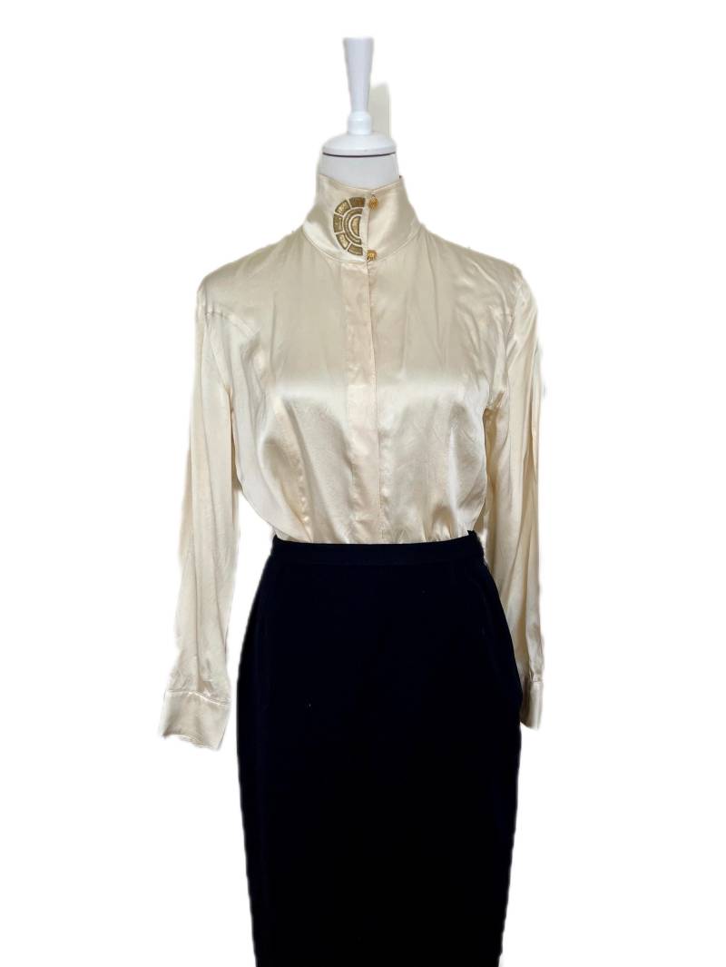 Designer Louis Féraud Satin Bluse Champagner Gold Vintage 80Er von BackToFutureFashion