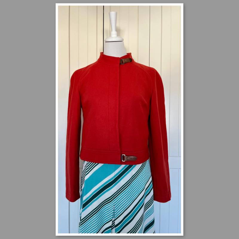Designer Wolljacke Strenesse Blue Leder Rot Braun von BackToFutureFashion