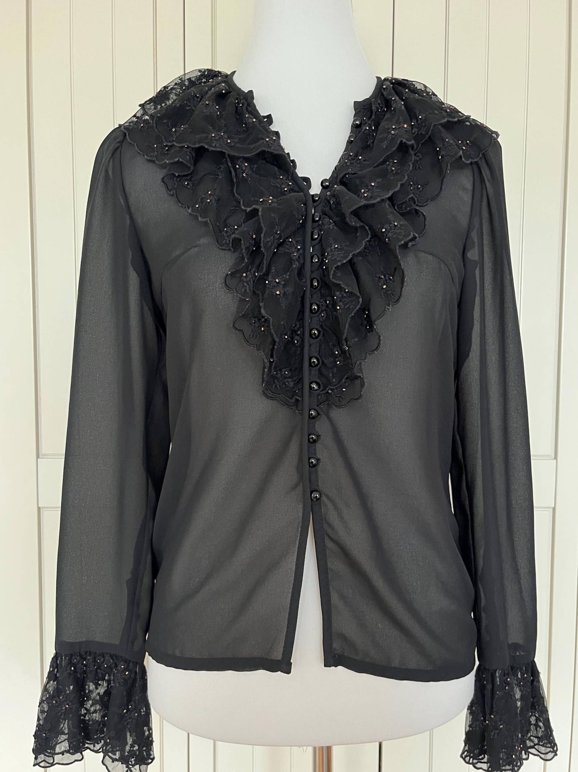 Vintage 70Er Bluse Lucie Linden Spitze Glasperlen Schwarz von BackToFutureFashion