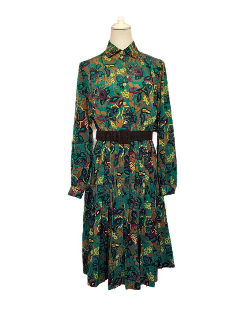 Vintage 80Er Plisseekleid Devernois Paris Gürtel Grün Bunt von BackToFutureFashion