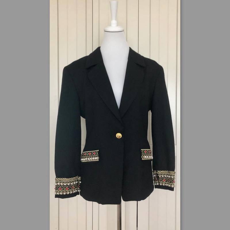 Vintage Blazer Modissa Wolle Stickerei Perlen Glassperlen Schwarz von BackToFutureFashion