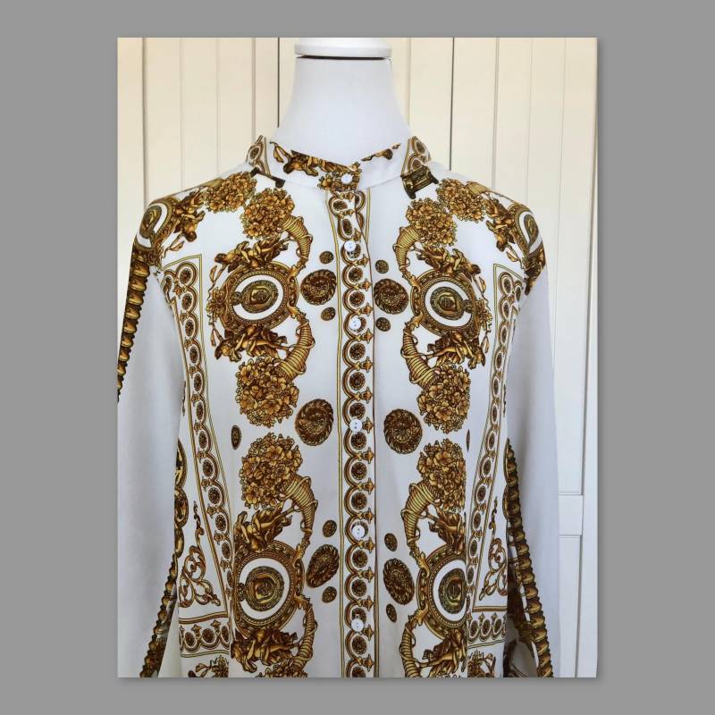 Vintage Bluse Bisou's Project Weiß/Gelb/Braun von BackToFutureFashion