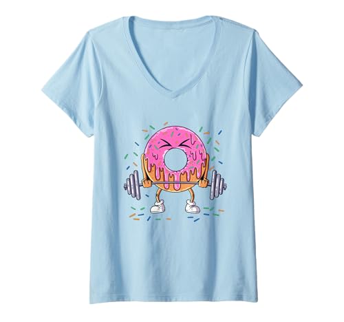 Damen Gym Fitness Süßigkeit nach dem Training Gewichtheber Donut T-Shirt mit V-Ausschnitt Damen Gym Fitness Süßigkeit nach dem Training Gewichtheber Donut T-Shirt mit V-Ausschnitt von Backen Süßes Süßigkeit Kinder Bäcker Geschenk