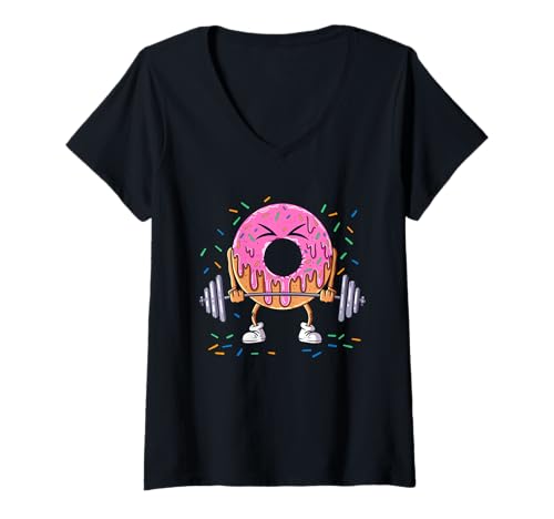 Damen Gym Fitness Süßigkeit nach dem Training Gewichtheber Donut T-Shirt mit V-Ausschnitt Damen Gym Fitness Süßigkeit nach dem Training Gewichtheber Donut T-Shirt mit V-Ausschnitt von Backen Süßes Süßigkeit Kinder Bäcker Geschenk