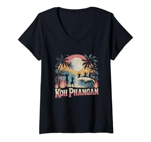 Damen Vintage KOH Phangan Hemd Retro Vollmond Party 90er Thailand T-Shirt mit V-Ausschnitt von Backpacker Thailand Koh Phangan Hippie Island Tees