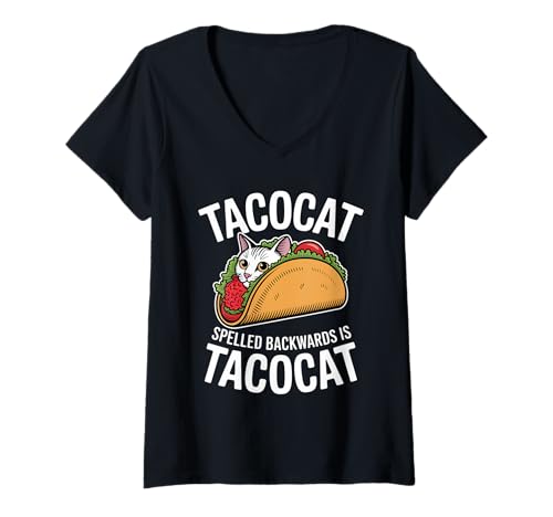 Damen Tacocat rückwärts buchstabiert ist Taco Cat T-Shirt mit V-Ausschnitt Damen Tacocat rückwärts buchstabiert ist Taco Cat T-Shirt mit V-Ausschnitt von Backwards Cat Vibes