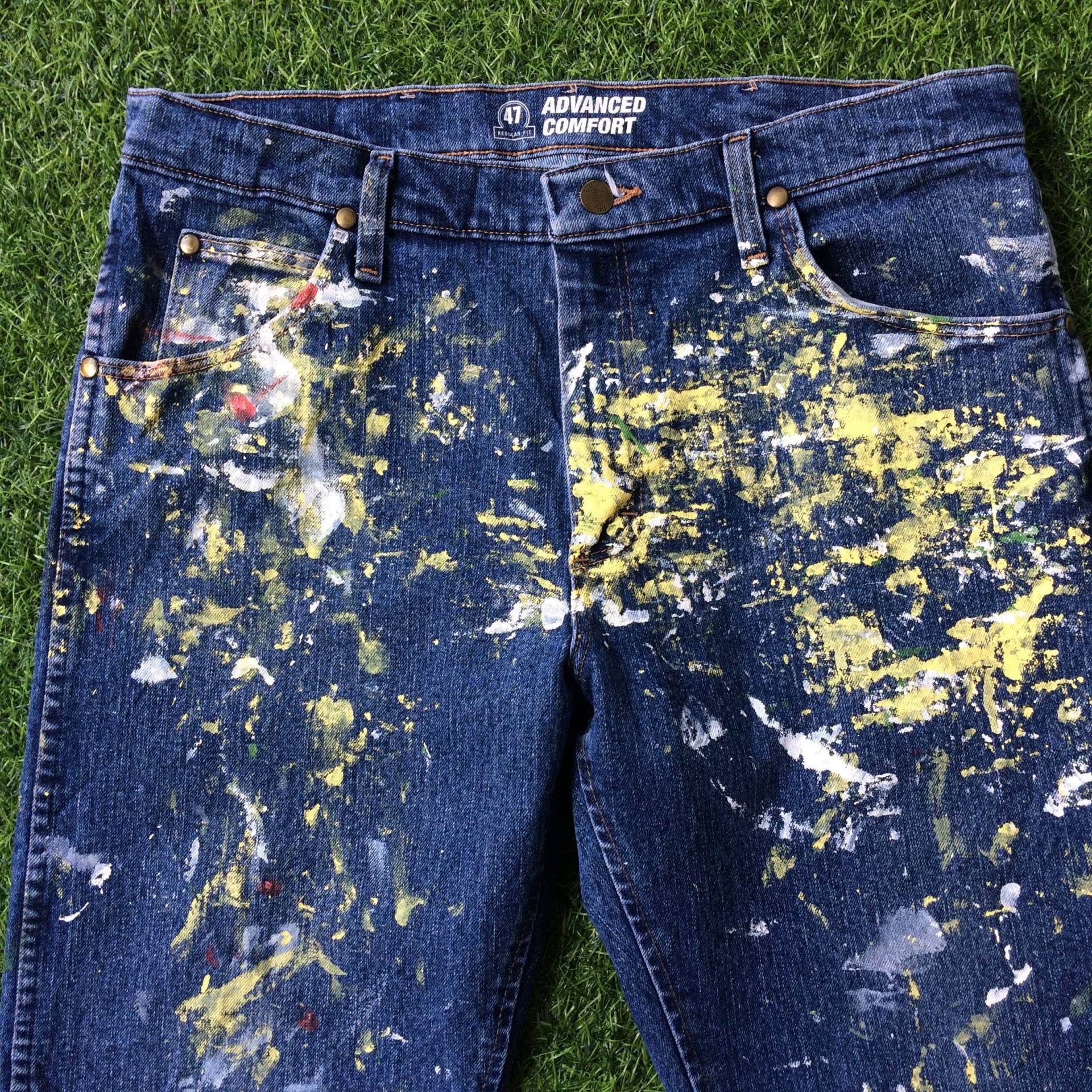 Gr. 34 Vintage Wrangler Western Distressed Paint Splatter Jeans W34 L30 Medium Wash Rodeo Reiter Stretch Made in Mexico von BackyardFashion