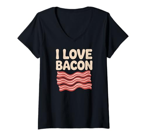 Damen Lustiges Frühstücksdesign „Ich Liebe Speck“ T-Shirt mit V-Ausschnitt von Bacon Enthusiast Breakfast Lovers