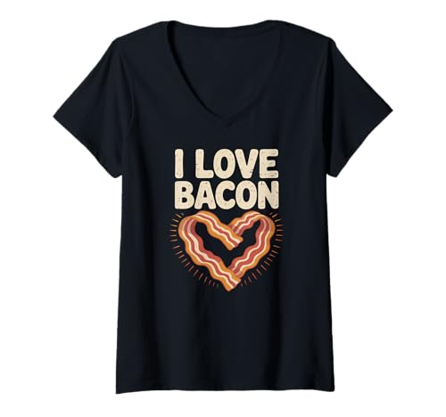 Damen I Love Bacon Herzform Humor T-Shirt mit V-Ausschnitt von Bacon Lovers Enthusiast Delight