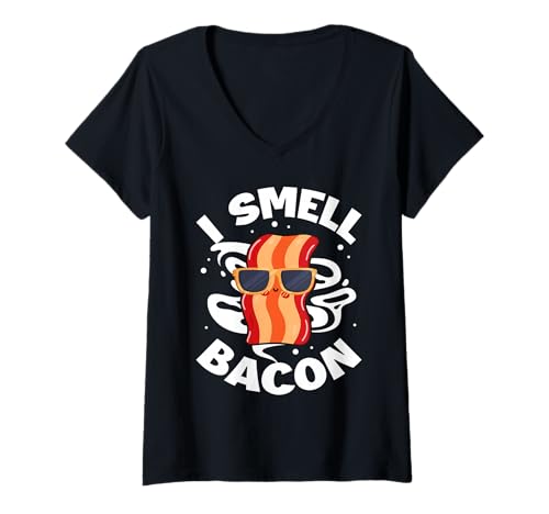 Damen Lustiges Cartoon-Design „Ich rieche Speck“ T-Shirt mit V-Ausschnitt Damen Lustiges Cartoon-Design „Ich rieche Speck“ T-Shirt mit V-Ausschnitt von Bacon Vibes Unlimited