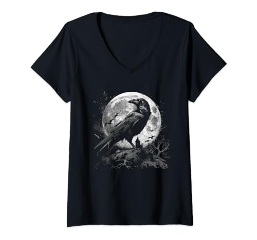 Damen Gothic Rabe Grunge Aesthetic Dark Wave Krähe Ravencore Mond T-Shirt mit V-Ausschnitt von Bad Attitudes
