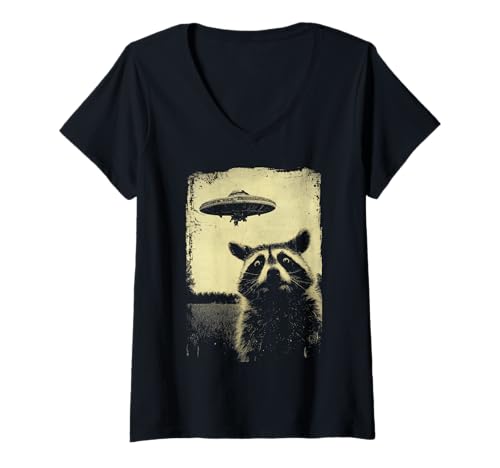 Damen Waschbär Raccoon UFO Alien Weirdcore Aesthetic Artwork Stuff T-Shirt mit V-Ausschnitt von Bad Attitudes