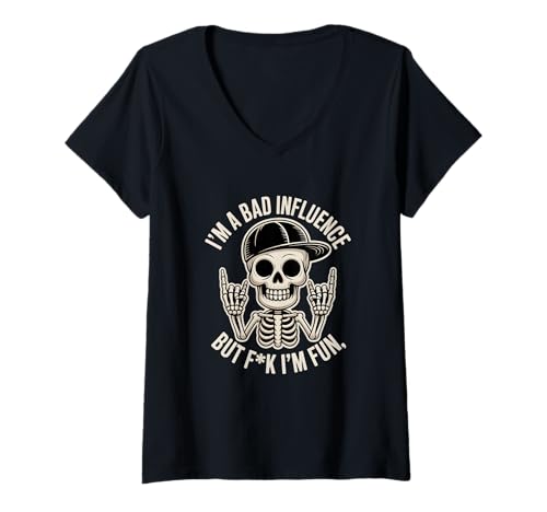 Damen Bad Influence Skelett Grafik Lustiger Totenkopf mit Kappe T-Shirt mit V-Ausschnitt von Bad influence skull, rebellious skeleton design.