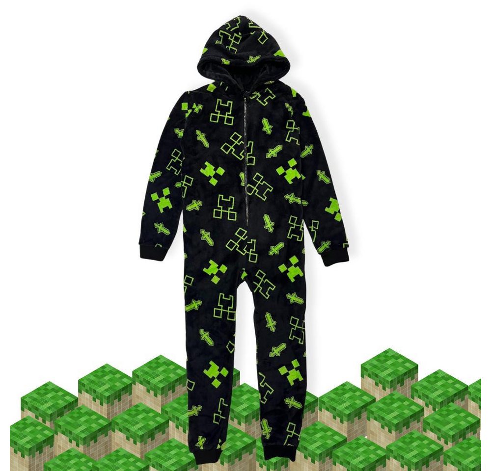 Bada Bing Jumpsuit Minecraft Overall mit Cube Pyjama für Kinder und Jugendliche (8-10 Jahren ca. 120 cm) Mit Kapuze und Reißverschluss von Bada Bing