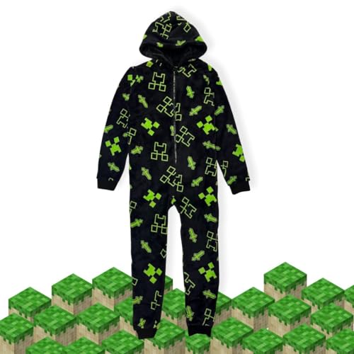 Bada Bing Minecraft Overall mit Cube für Kinder und Jugendliche - Schlafoverall Jumpsuit Pyjama - Warmer Fleece Anzug in schwarz für Minecraft Spiel Fans - Hausanzug Onesie 10-12 Jahre von Bada Bing