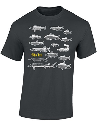 T-Shirt: Fische Petri Heil - Geschenk für Angler - Anglerbekleidung Herren - Angelkleidung Männer - Angel - Anglerin - Fishing - Fisch - Grau - Army - Spruch - Motiv - Lustig, Dunkelgrau, S von Baddery