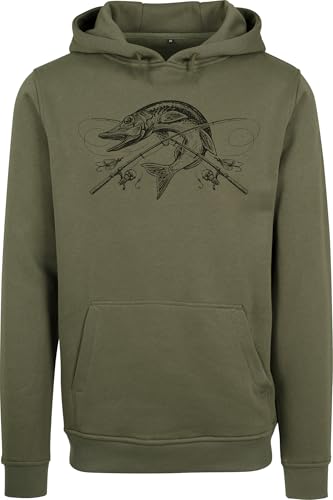 Baddery Angler Geschenke für Männer - Pullover : The Reel Catch : Hecht - Kapuzenpullover für Herren - Angelkleidung Angel Zubehör (Oliv XL) von Baddery